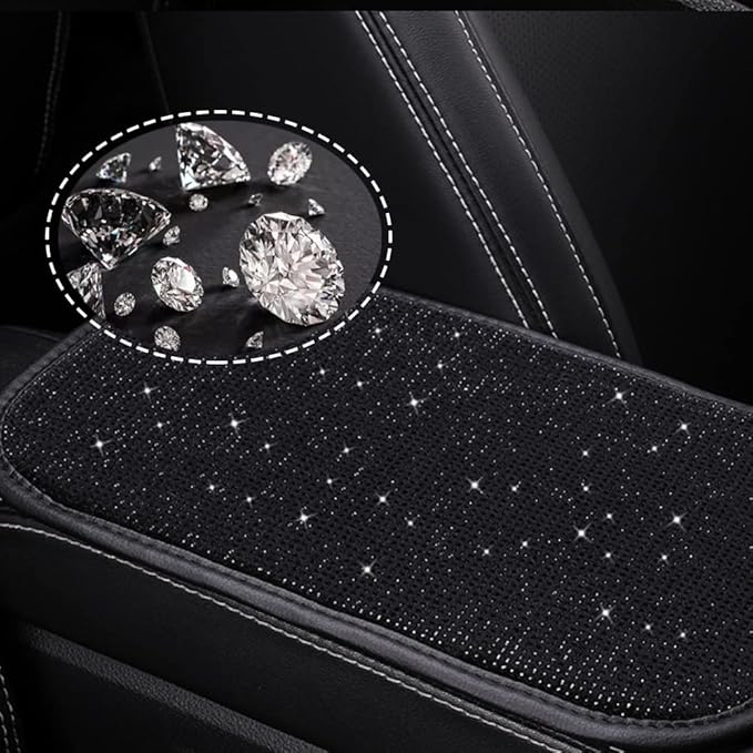 BetterJonny Auto Bling Car Armrest Cover, Crystal Rhinestone Auto Center Console Cover Pad Non-Slip Car Arm Rest Cushion Pad Universal Bling Car Accessories for Most Car (Black)