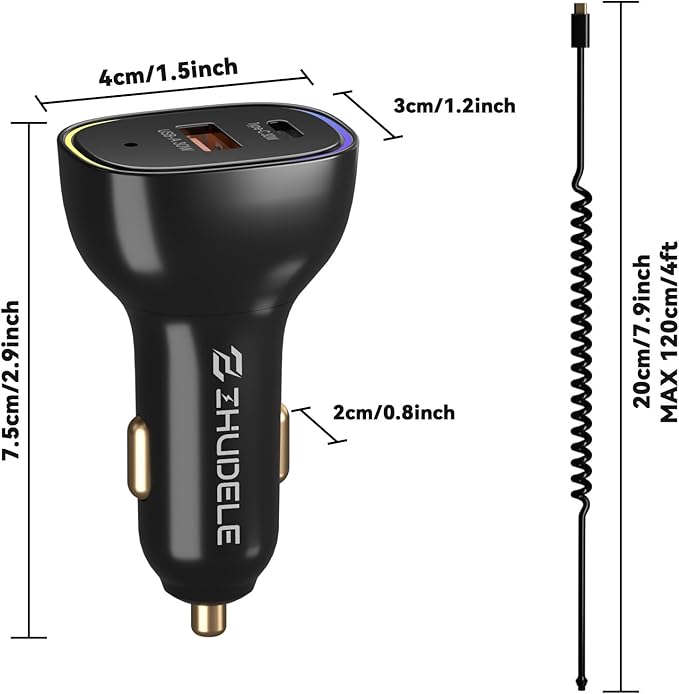 90W Car Charger, USB C Cigarette Lighter Adapter with 4FT Coiled Cable, PD 30W & QC3.0 Fast Charging, Compatible with iPhone 16/15 Series, Samsung Galaxy S24/S23/S22, iPad, Android Phones (Black)