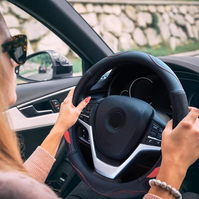 Alusbell Microfiber Leather Steering Wheel Cover Breathable Auto Car Steering Wheel Cover for Women and Men Universal 15 Inches Red