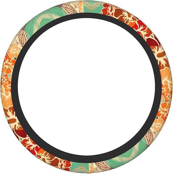 Hawaiian Island Tropical Car Steering Wheel Cover for Women Men 14-15 Inch Stretch Cloth Anti-Slip Wrap Protector Case Fit Universal Auto Accessories Decor Sweat Absorption