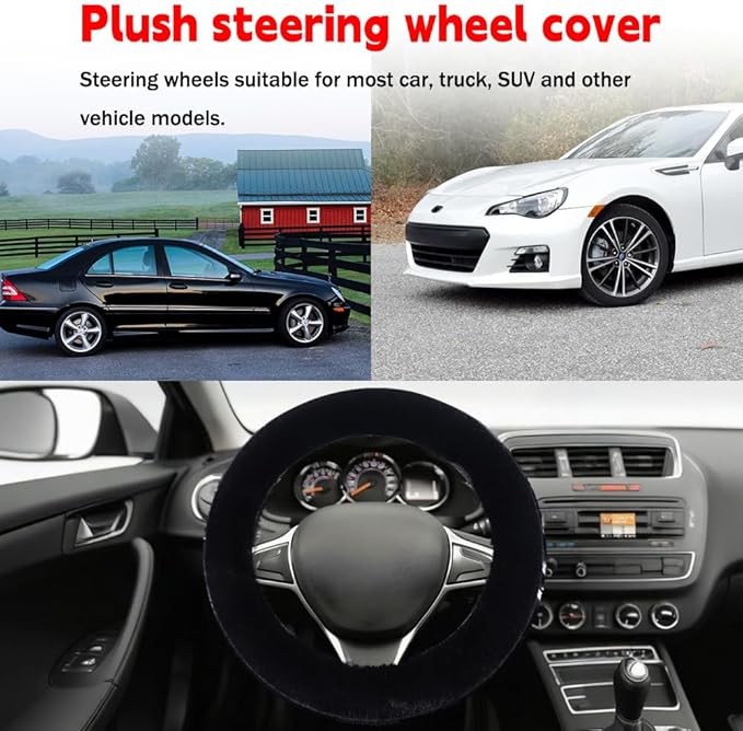 Fluffy Steering Wheel Cover, Winter Warm, Suitable for Most Car Steering Wheels in The 14-15 Inch Range(Black, 1PCS)