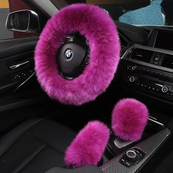 3Pcs Set Fashion Fluffy Fuzzy Wool Fur Soft Car Steering Wheel Cover with Handbrake Cover & Gear Shift Cover for Women/Girls/Ladies Auto Long Wool Accessories