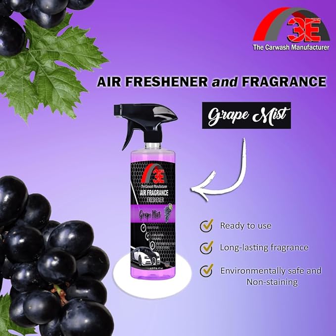 3E Car Air Freshener Premium Grape Scent 16 fl oz – Professional Automotive Air Freshener & Odor Eliminator, Long-Lasting Interior Fragrance for Cars, Trucks, SUVs, RV, Home & Office (GRAPE)