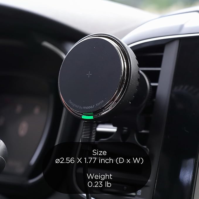 mooas Magnetic Car Mount Charger, Max.15W Fast wireless charger, Mag Safe car charger, Wireless car charger with air vent Mount, Cooling fan, Strong magnet, Compatible with iPhone, Galaxy, LG