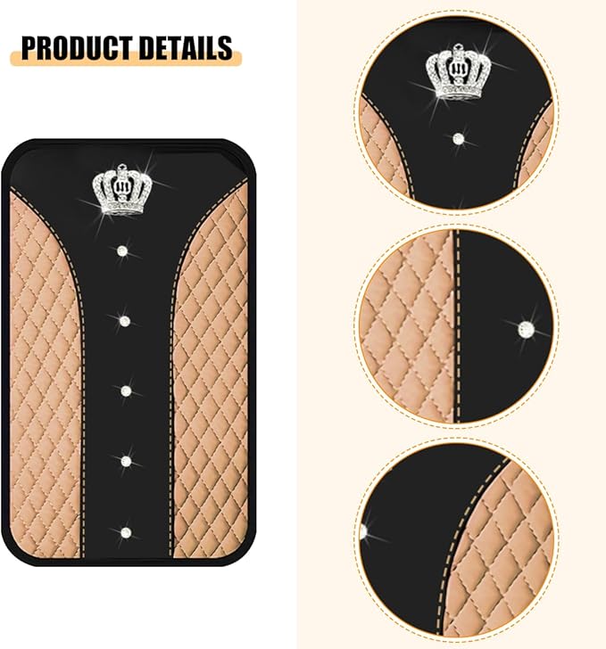 Bling Car Center Console Cover, Crown Crystal Rhinestones Vehicle Armrest Mat Protector, Anti Slip Sparkling Automotive Arm Rest Seat Box Cushion Pad Decor Accessories, Universal Fit (Beige)