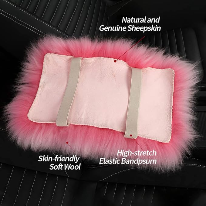 Sheepskin Armrest Cover Auto Center Armrest Cover Car Soft Console Pad, Fluffy Wool Auto Center Console Cover for Most Car Arm Rest Decoration Protector 9 x 14 Inch (Long Wool, Pink)