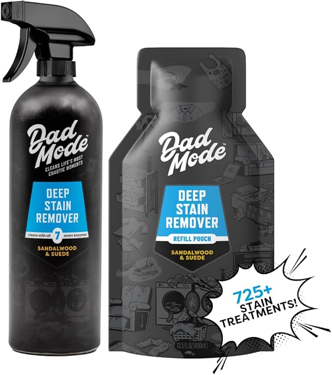 DadMode Laundry Stain Remover | 7-Enzyme Spray for Deep, Aged, Set-In Clothing Stains | Enzyme Booster Cleans Bodily Fluids, Oil, Wine, Turmeric | Sandalwood & Suede | 16oz Bottle + Refill Pouch