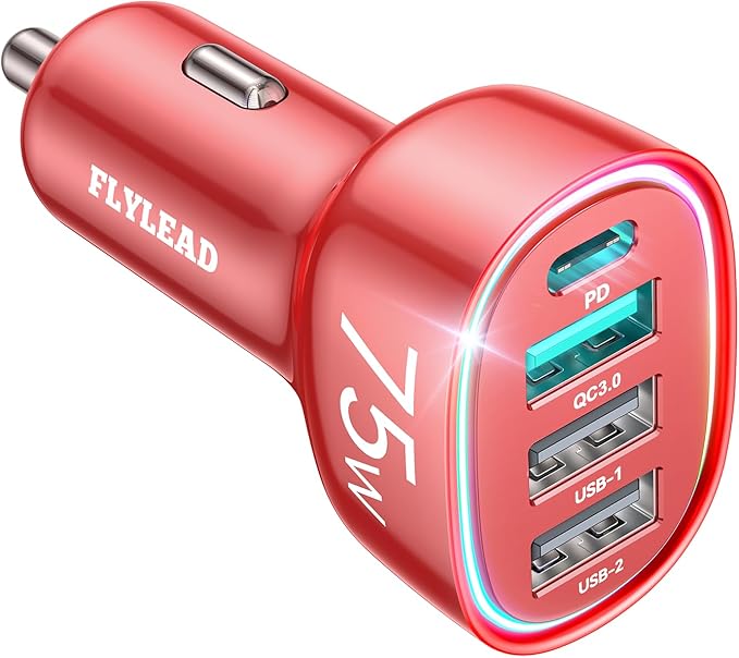 75W Car Charger USB C, 4 Port Super Fast Cigarette Lighter USB Charger, Type C 60W & QC 3.0 Multiport Car Phone Adapter Accessories for iPhone 17/16/15/14/13/12 Pro Samsung S26 Series, Android, Red