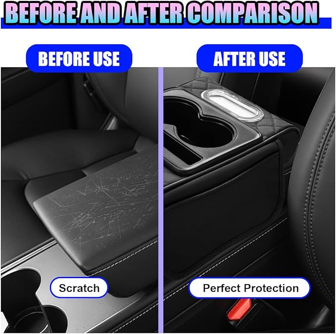 Leather Car Center Console Cover, Universal Automotive Armrest Booster Cushion, Vehicle Middle Console Organizer with 2 Cup Holders, Side Storage Bag, Tissue Box & Phone Slot(Black)