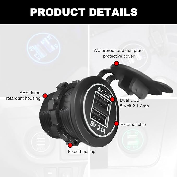 4.2A Dual USB Charger Socket, Waterproof Power Outlet 12V/24V 2.1A & 2.1A Quick Charge Socket, USB Charger Socket with Cap for Car Golf Cart Mobile RV ATV Truck Marine Boat (White)