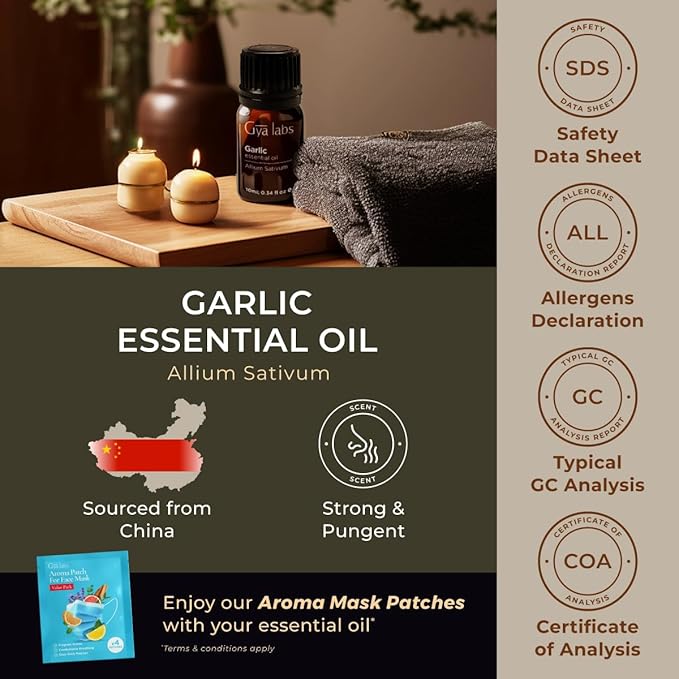 100% Pure Garlic Essential Oil - 0.34 Fl Oz - Garlic Oil for Hair, Skin, Diffuser, Aromatherapy & DIY Candle Making Scent