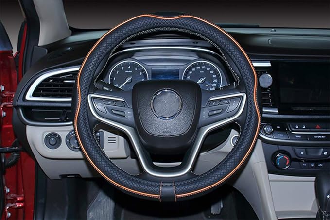 Mayco Bell Small Size Steering Wheel Cover Anti-Slip,Safety,Soft,Breathable,Durable,Full Surround,Comfortable Grip Microfiber Leather (14-14.25 inch, Black Orange)