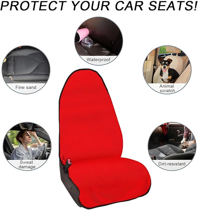 2PCS Car Towel Seat Cover, Waterproof Sweating Non-Slip Premium Soft Towel Carseat Protector, Universal Machine Washable Car Truck SUV Front Seat Cover for Gym Workout Beach Hiking (Red)