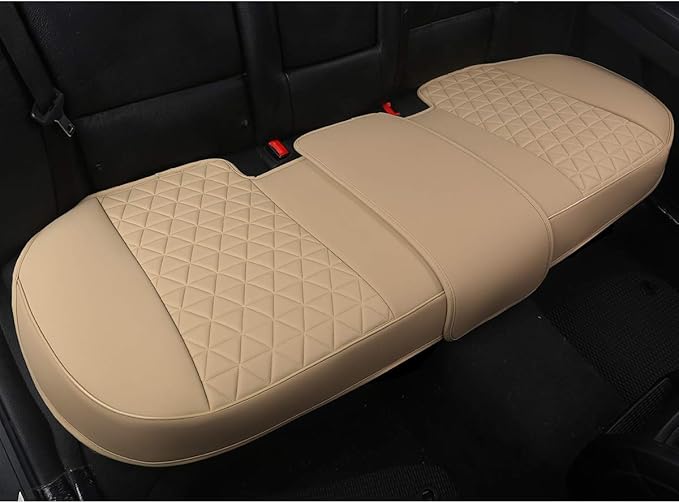 Black Panther Luxury PU Leather Rear Bench Car Seat Cover Adjustable Length (49-55'') Fits 90% Standard 5 Seats (Sedan SUV), for Seat Bottom Only, Triangle Quilting Design, Beige