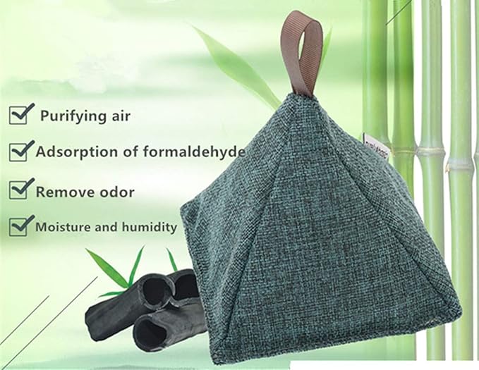 MOCOFO Bamboo Odor Eliminator Bags (4 Pack), Bamboo Charcoal Air Purifying Bag, Natural Air Fresheners & Odor Eliminators, Closet Dehumidifier, Car Air Purifier (4 Pack Triangle Shape)