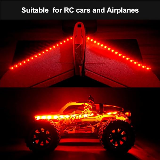Waterproof LED Light Strips for RC Cars Trucks Airplanes Boats Drones Fixed Wing AR Wing Model Underglow Light (Red)