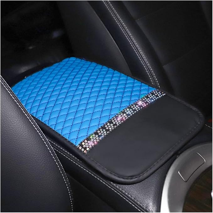 Bling Leather Car Center Console Cover, Car Center Console Protector With Glossy Crystal Rhinestone, Universal Waterproof Car Armrest Seat Box Cover For Most Car, Vehicles, SUVs, Trucks (Blue)