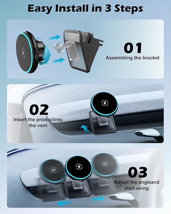 CloudValley Magnetic Qi2 15W Wireless Charger Phone Mount for Tesla Model 3 Highland Model Y Juniper, Strong Grip, 360° Adjustable, Dashboard Car Charger Holder 2025, Design for iPhone MagSafe 17-12