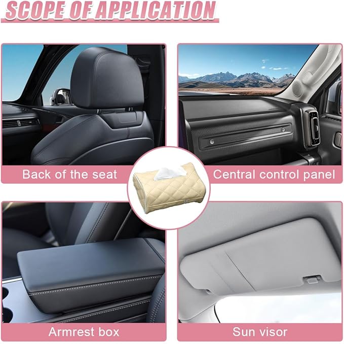 Car Tissue Holder, Soft PU Leather Auto Backseat Napkin Holder, Rectangle Hanging Tissue Box for 100-150 Standard Tissues, Universal Car Interior Storage & Organization Accessories (Beige)