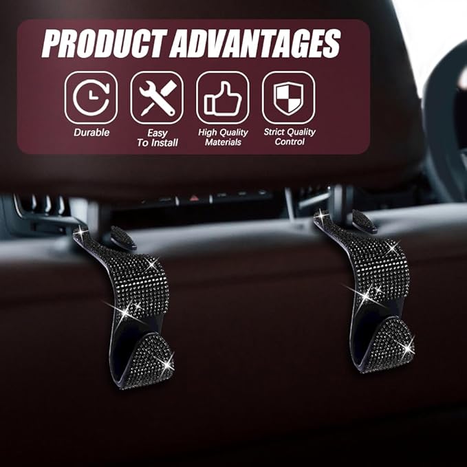 2 Pack Car Seat Headrest Hook, Bling Car Hooks Front Seat, Back Seat Organizer Hanger Storage Hook Car Purse Hook for Bags, Clothes, Coats, Grocery Bags (Black)