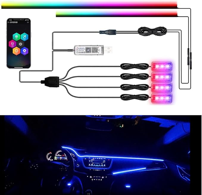 LED Interior Car Strip Light, Multicolor RGB 6 in 1 Optic Ambient Lighting Kits,Dual Control with Switch and A P P, Neon Lights On Car Dashboard with Music Sync Mode (6 in 1)