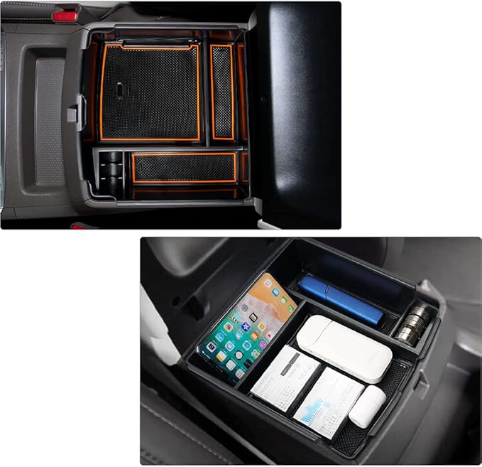 Autorder Center Console Organizer for 2022-2026 Kia Carnival KA4 MPV Accessories Armrest Storage Box Secondary Insert Tray with Orange/Black Silicone Pad