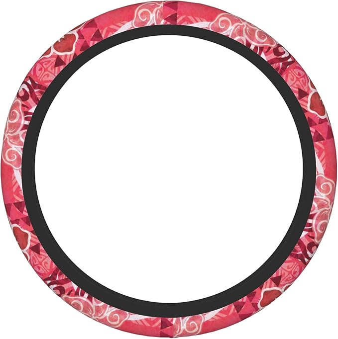 Red Hibiscus Polynesian Tapa Car Steering Wheel Cover 14-15 Inch for Women Men - Stretch Cloth Anti-Slip Wrap Protector Case - Fit Universal Auto Accessories Decor - Sweat Absorption