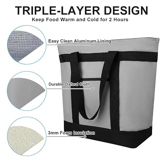 CIVJET 2PK Insulated Grocery Tote Bags, Large Reusable Cooler Bags with Zipper, Leakproof Thermal Shopping Bags for Food Delivery, Beach, Travel, Uber Eats & Picnic, Collapsible Personalized