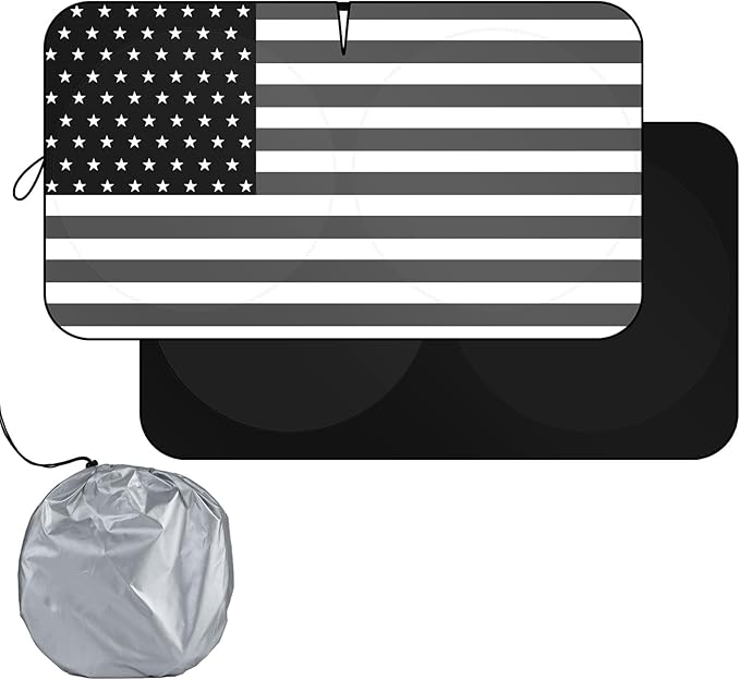 Windshield Sun Shade B&W American Flag USA Patriotic Design - Folding Car Front Window Sunshade for Cars SUV Trucks, Max UV Blocking and Keep The Vehicle Cool