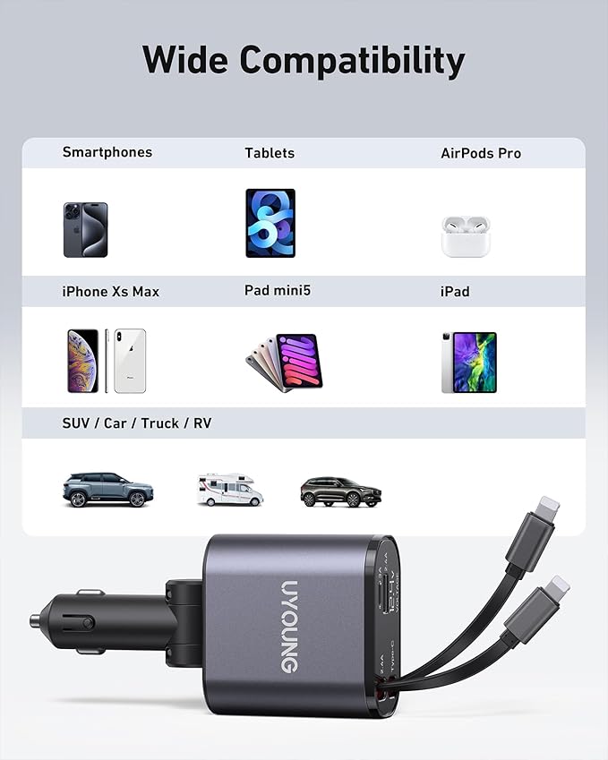 iPhone Car Charger 4 in 1 Fast USB Car Phone Charger 20W Double Lightning Retractable Cables 31.5 Inch and 2 USB Ports Car Charger Adapter for iPhone 17/16/15/14/13/12 Pro Max/XR/XS,Samsung,Pixel,iPad