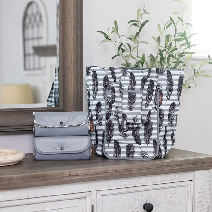 SACHI 3 Piece Market Tote Set – Insulated Thermal Reusable Grocery Bags for Cold and Hot Foods – Lightweight, Portable and Fold-able (Grey Feather Stripe)