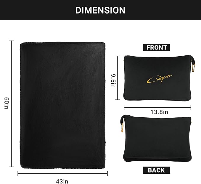 Airplane Travel Blanket with Pillow,300 GSM Soft Fleece Compact Blanket with Carry Bag,Lightweight Travel Blanket for Flights,Black