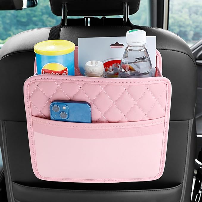 Car Seat Back Organizer, Leather Multipurpose Collapsible Vehicle Backseat Hanging Bag, Portable Automotive Interior Seat Storage Organizer, Universal for SUV RV Truck (Pink)