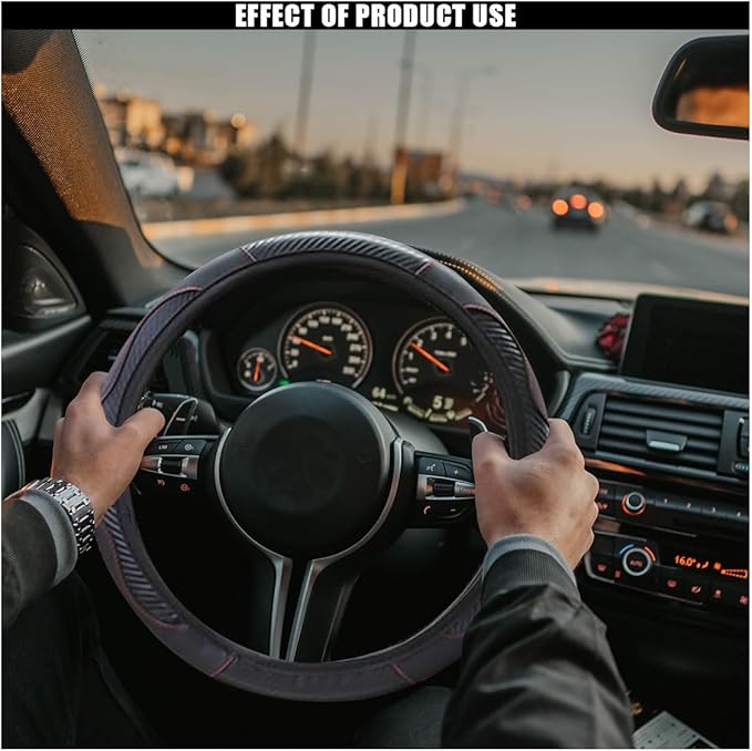 Car Steering Wheel Cover, 15 Inch Carbon Fiber Leather Elastic Steering Wheel Protector, Anti-Slip, Breathable & Soft Car Interior Accessories Universal for Most Cars, Men & Women (Black)