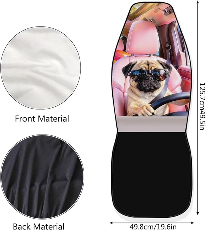 Pug Car Front Seat Covers 2 Pcs Stretch Polyester Fabric Cover Funny Car Seat Covers Protector Anti-Slip Protection Interior Accessories for Most Cars Sedans and SUVs