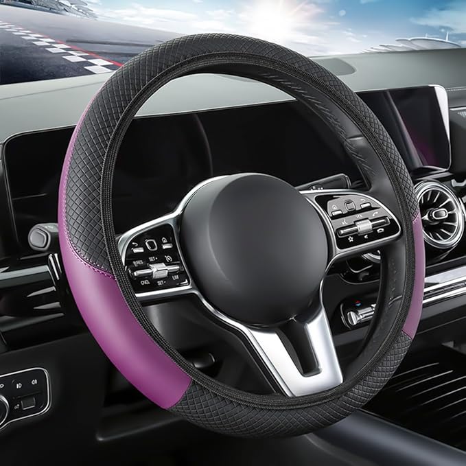 Car Steering Wheel Cover, Elastic Stretch Leather Non-Slip Vehicle Steering Wheel Guard, Automotive Interior Protective Decor Accessories, Universal for SUV RV Truck (Black/Purple)