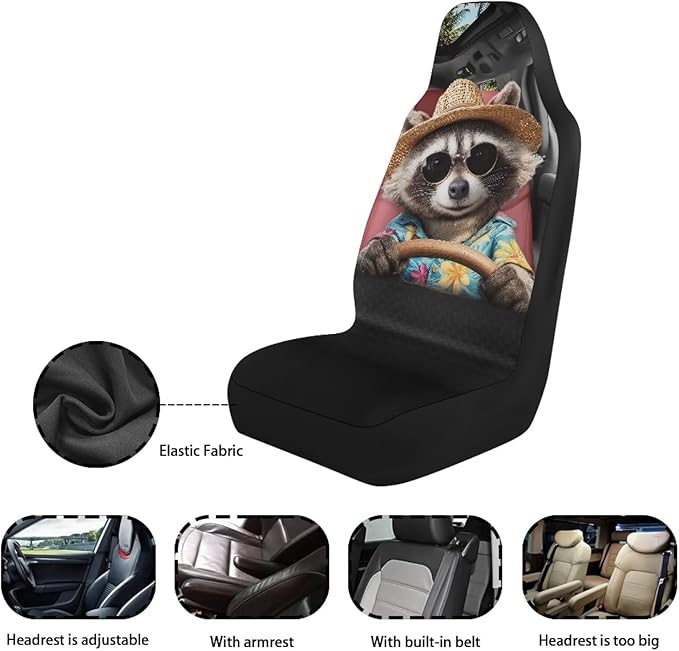 Funny Raccoon Car Seat Cover Front Seats Only,Soft Front Bucket Seat Cover Decorative Saddle Blanket Cushion Cover for Cars Trucks and SUVs