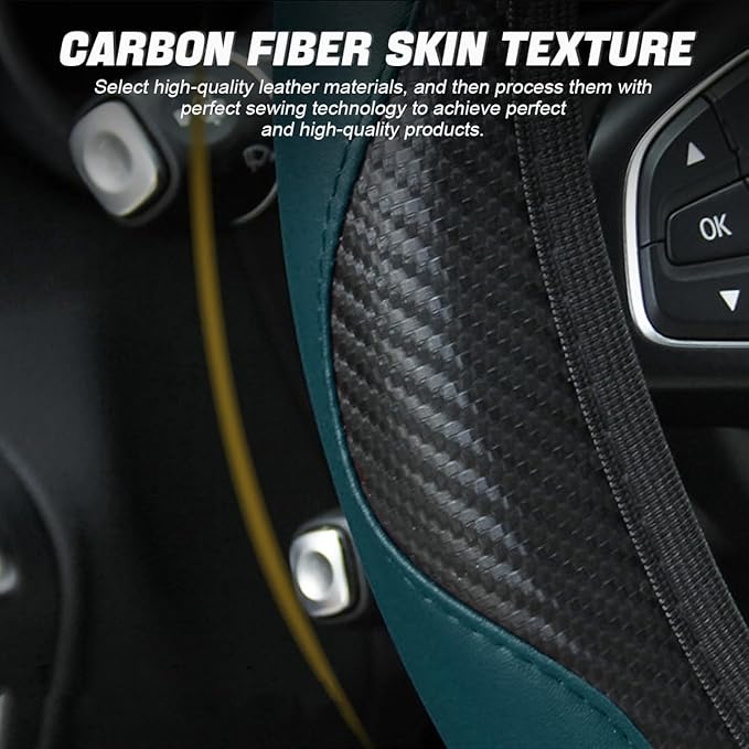 LoyaForba Steering Wheel Cover, Microfiber PU Leather Elastic Carbon Fiber Auto Protector, Universal 15 Inch Breathable Anti-Slip, Interior Accessories for Most Cars (Dark Green)