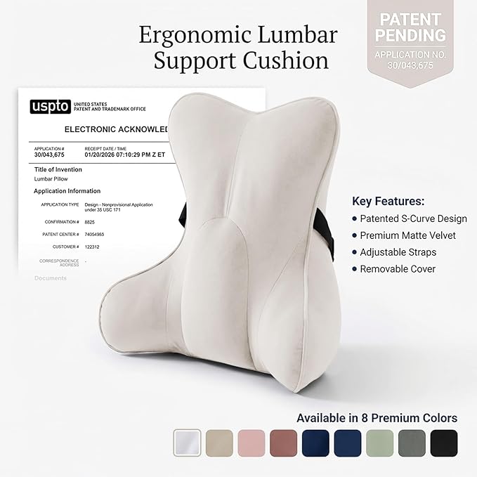 Lumbar Support Pillow(Pat. Pend) – Multi-Functional Ergonomic Back Cushion for Sofa Chair, Car Seat & Sofa, Reading Pillow with Firm Multi-Zone Support to Relieve Lower Back Pain, Misty White