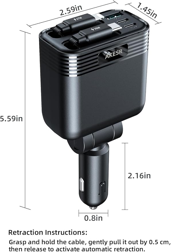 AKESR 5-in-1 Retractable Car Charger for iPhone 17, 66W USB-C Car Adapter A Versatile Gift for Both Men and Women, for iPhone 17/16/15/14/13/12 and Android for Samsung S25 Series.