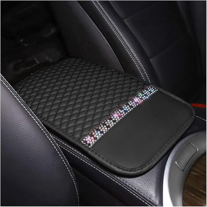 Bling Leather Car Center Console Cover, Car Center Console Protector With Glossy Crystal Rhinestone, Universal Waterproof Car Armrest Seat Box Cover For Most Car, Vehicles, SUVs, Trucks (Black)