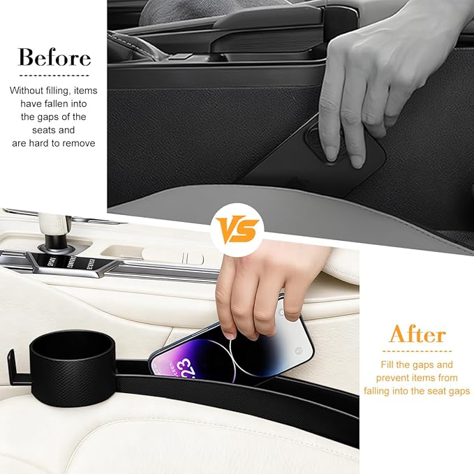 2PCS Car Seat Gap Filler, Dual Slot Carbon Fiber Vehicle Side Seat Gap Organizer Strip with Cup Holder, Auto Console Guard Spacer Stop Things from Dropping, Universal Fit (Black)