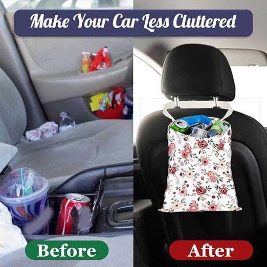 Rose Floral Print Car Trash Bag Hanging Garbage Bag with Snap Buttons Car-Back Seat Trash Storage Portable Dustbin for Car Interior Accessories Travel Camping