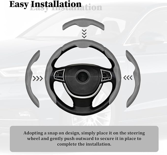 3PCS Car Steering Wheel Cover, Nappa Leather Breathable Non-Slip Segmented Steering Wheel Protector, Snap-on Auto Interior Decoration Accessories, Universal Fit (Gray)