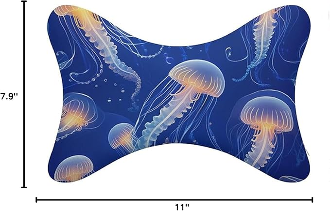 Car Seat Head & Neck Rest Pillow - Auto Headrest Bone Shape Pillow Cushion Soft and Comfortable for Travel, 2 Piece Compatible with Underwater Blue Jellyfish