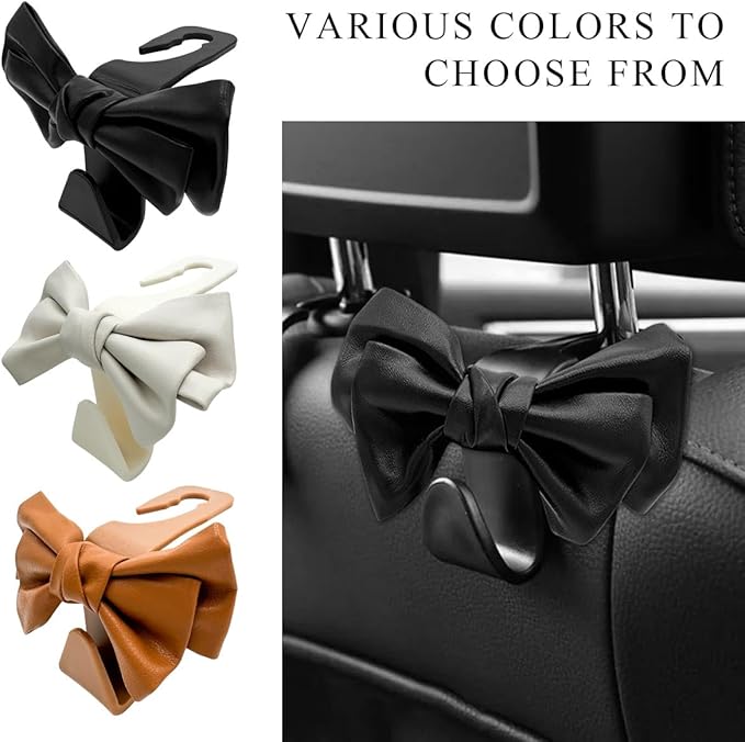2PCS Purse Holder for Car Hooks, Cute Bow Car Seat Headrest Hooks Handbag Hanger, Bow Knot Auto Back Seat Organizer Storage Hook for Purse Bags Umbrellas, Car Accessories (Black)