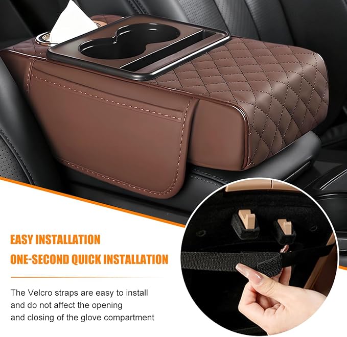 Car Armrest Cushion, 5-in-1 Nappa Leather Vehicle Centre Console Cover with 2 Storage Pockets, Cup Phone & Phone Holder, Multifunctional Auto Organiser Accessories, Universal Fit (Coffee)