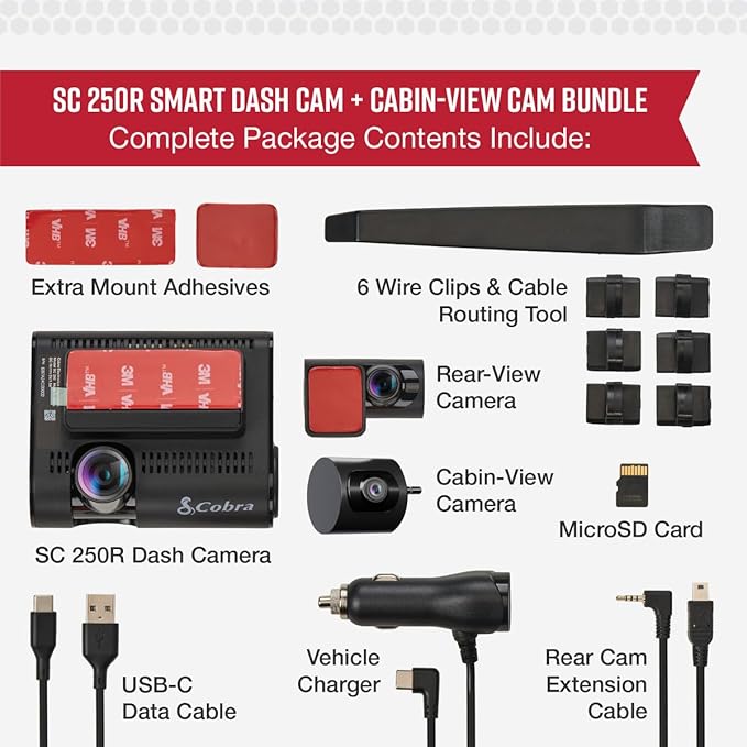 Cobra SC 250R Smart Dual View Front and Rear Dash Cam + Cobra Full HD (1080P) Cabin-View Accessory Camera (FV-CV2)