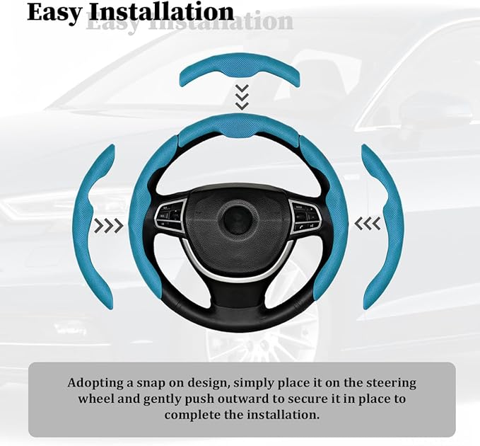 3PCS Car Steering Wheel Cover, Nappa Leather Breathable Non-Slip Segmented Steering Wheel Protector, Snap-on Auto Interior Decoration Accessories, Universal Fit (Blue)
