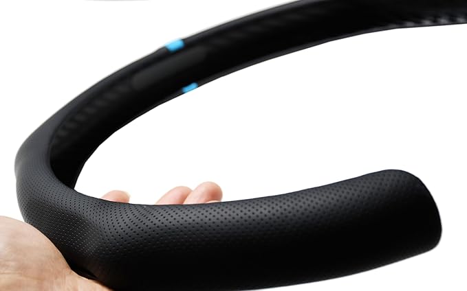 Quick Install Sporty Perforated Nappa Leather Steering Wheel Cover with Blue Stripe Universal fit 14½" to 15" Car SUV Pickup 14.5 to 15 inches Napa